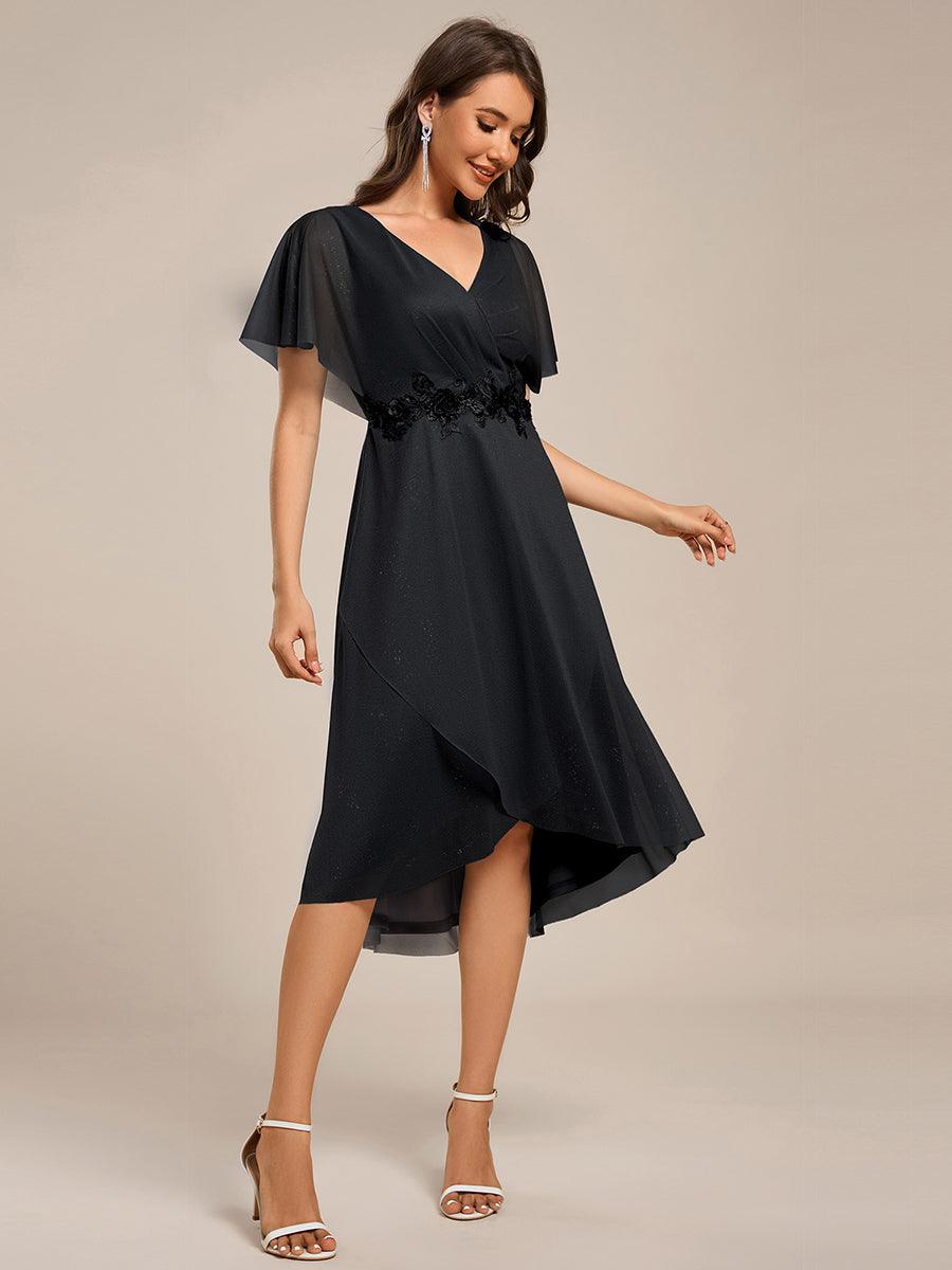 Chiffon A-Line V-Neck Short Sleeves Midi Wedding Guest Dress