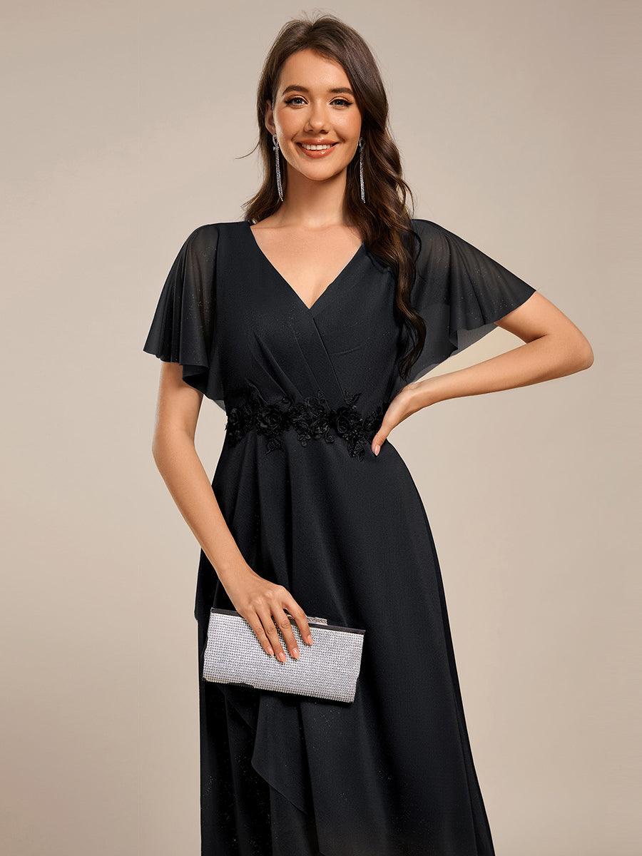 Chiffon A-Line V-Neck Short Sleeves Midi Wedding Guest Dress