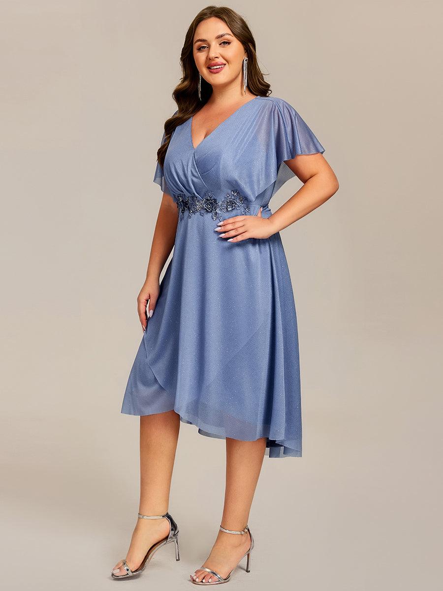 Chiffon A-Line V-Neck Short Sleeves Midi Wedding Guest Dress