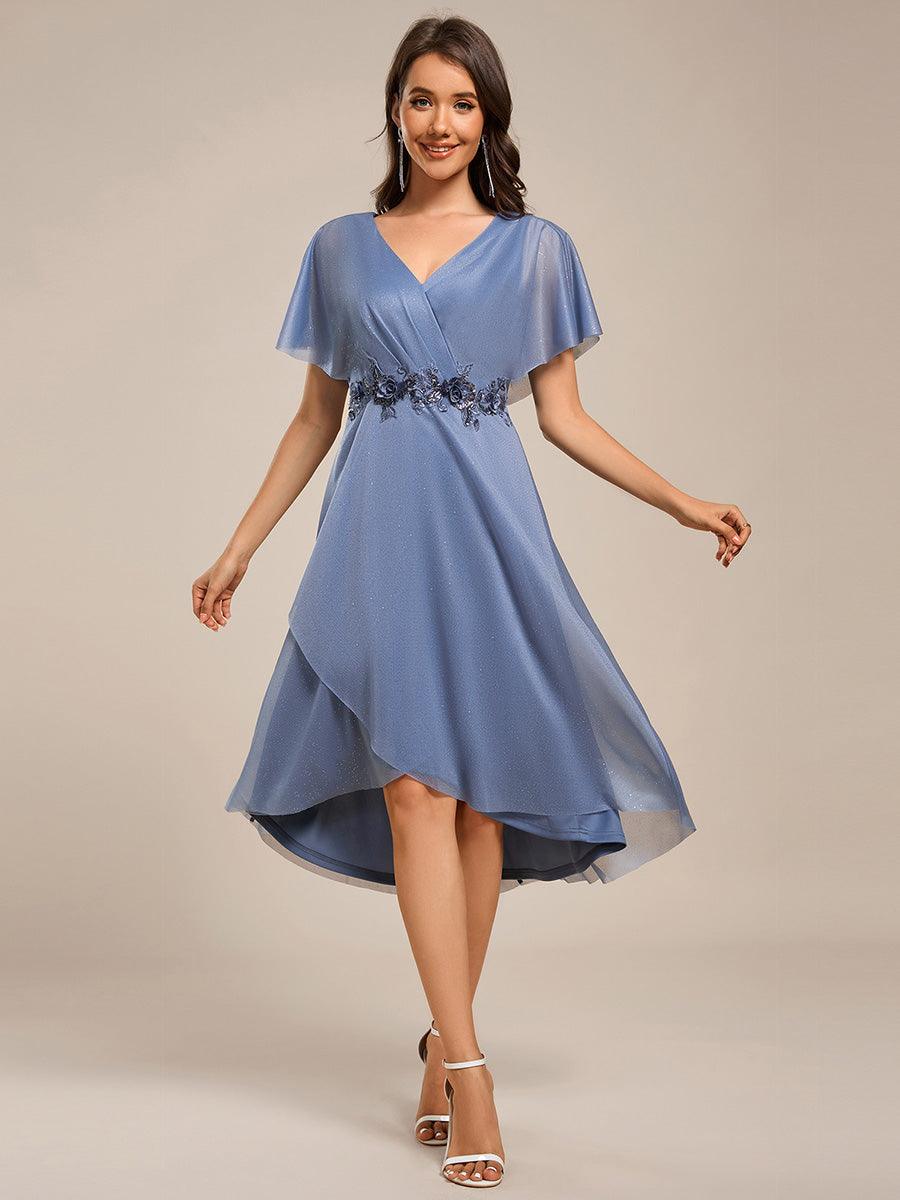 Chiffon A-Line V-Neck Short Sleeves Midi Wedding Guest Dress