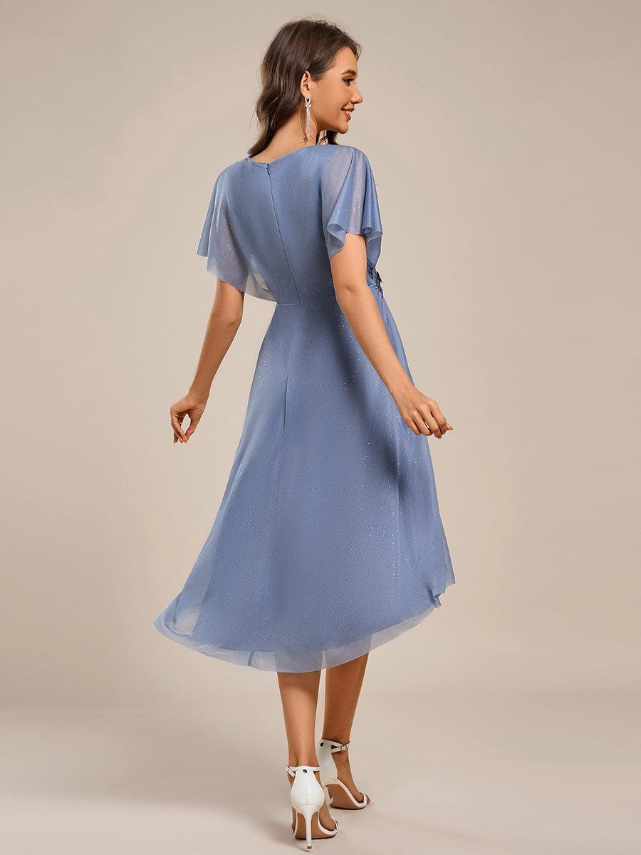 Chiffon A-Line V-Neck Short Sleeves Midi Wedding Guest Dress