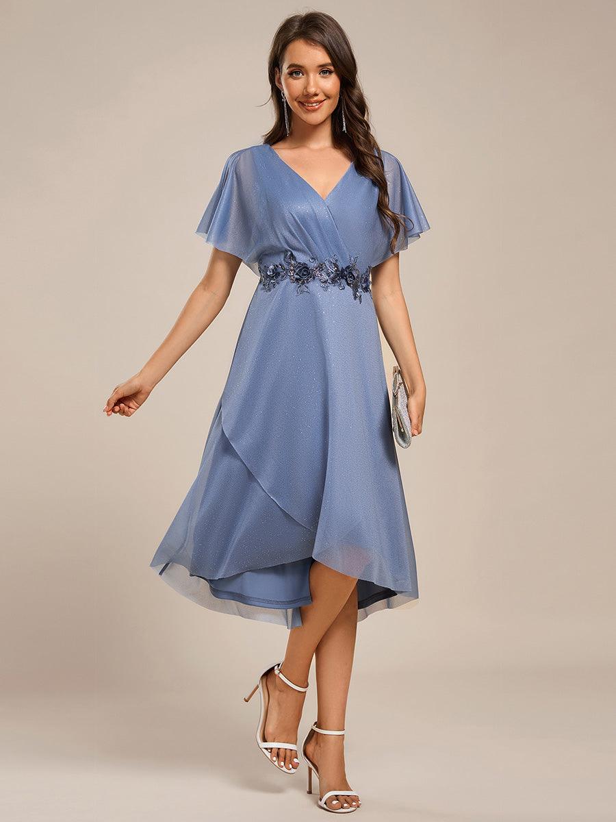 Chiffon A-Line V-Neck Short Sleeves Midi Wedding Guest Dress