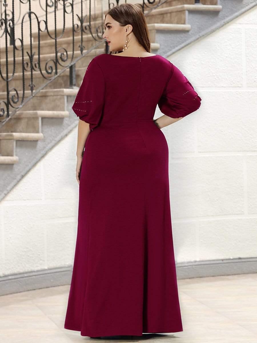 Casual Satin Scoop Half Sleeves Beaded Plus Size Wedding Guest Dress