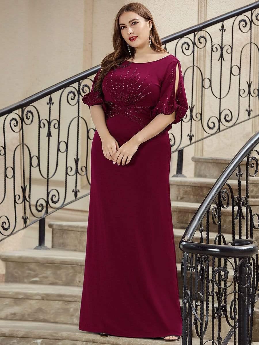 Casual Satin Scoop Half Sleeves Beaded Plus Size Wedding Guest Dress