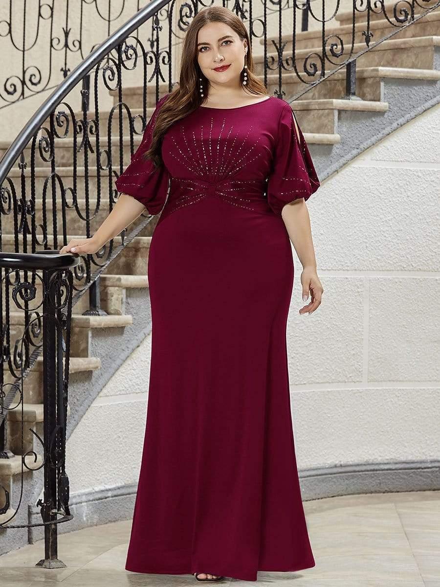 Casual Satin Scoop Half Sleeves Beaded Plus Size Wedding Guest Dress