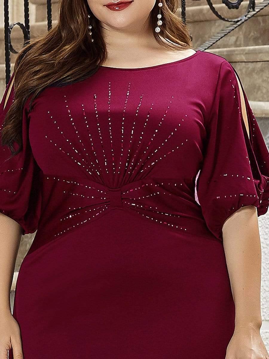 Casual Satin Scoop Half Sleeves Beaded Plus Size Wedding Guest Dress