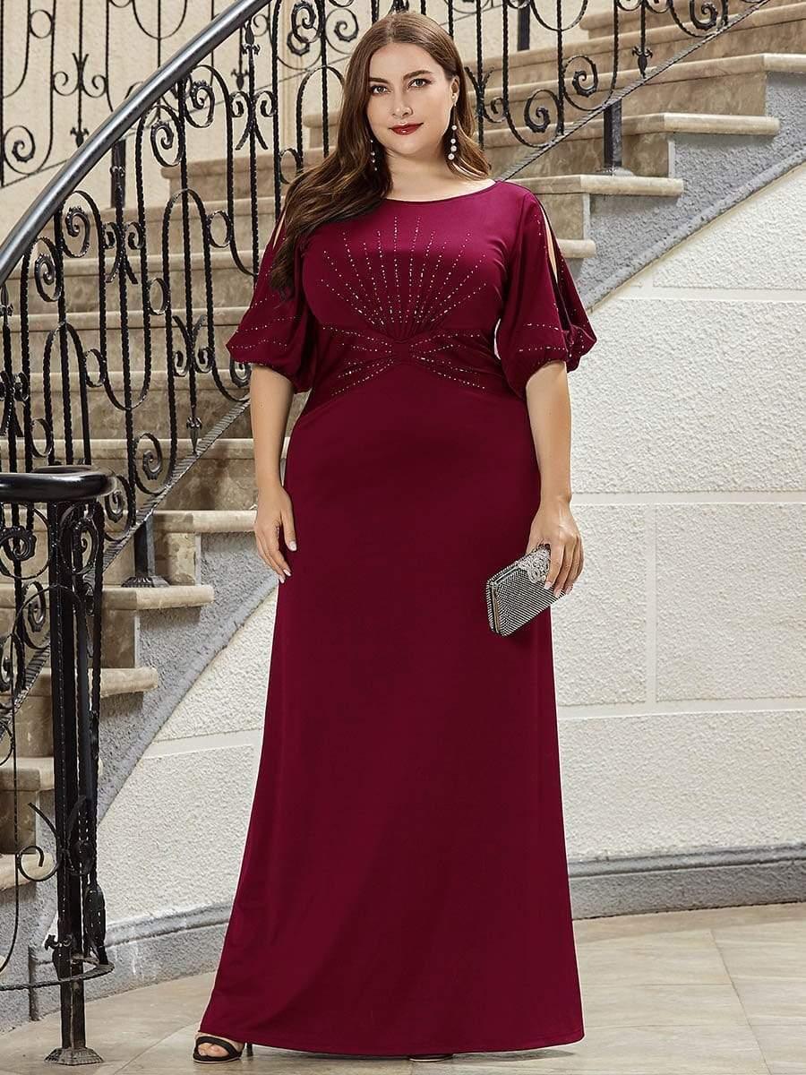 Casual Satin Scoop Half Sleeves Beaded Plus Size Wedding Guest Dress