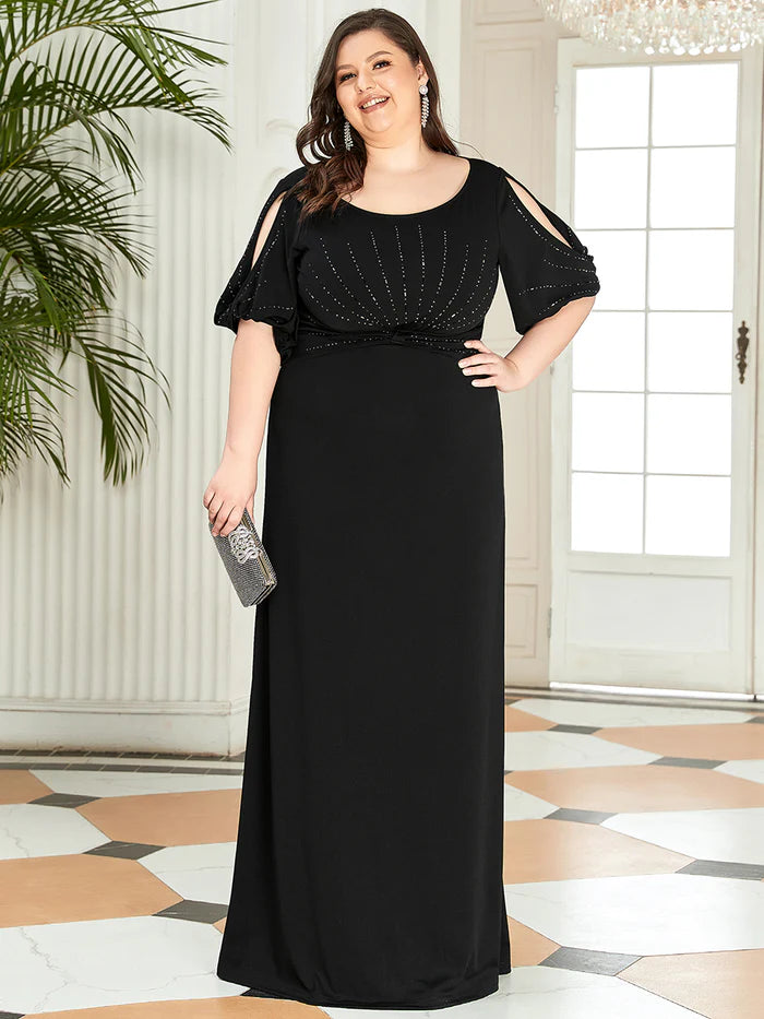 Casual Satin Scoop Half Sleeves Beaded Plus Size Wedding Guest Dress