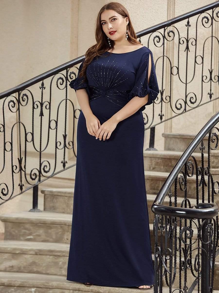 Casual Satin Scoop Half Sleeves Beaded Plus Size Wedding Guest Dress