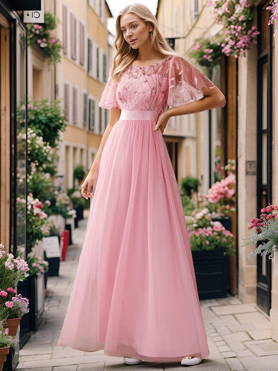 Tulle A-Line Empire Short Sleeves Long Evening Dress