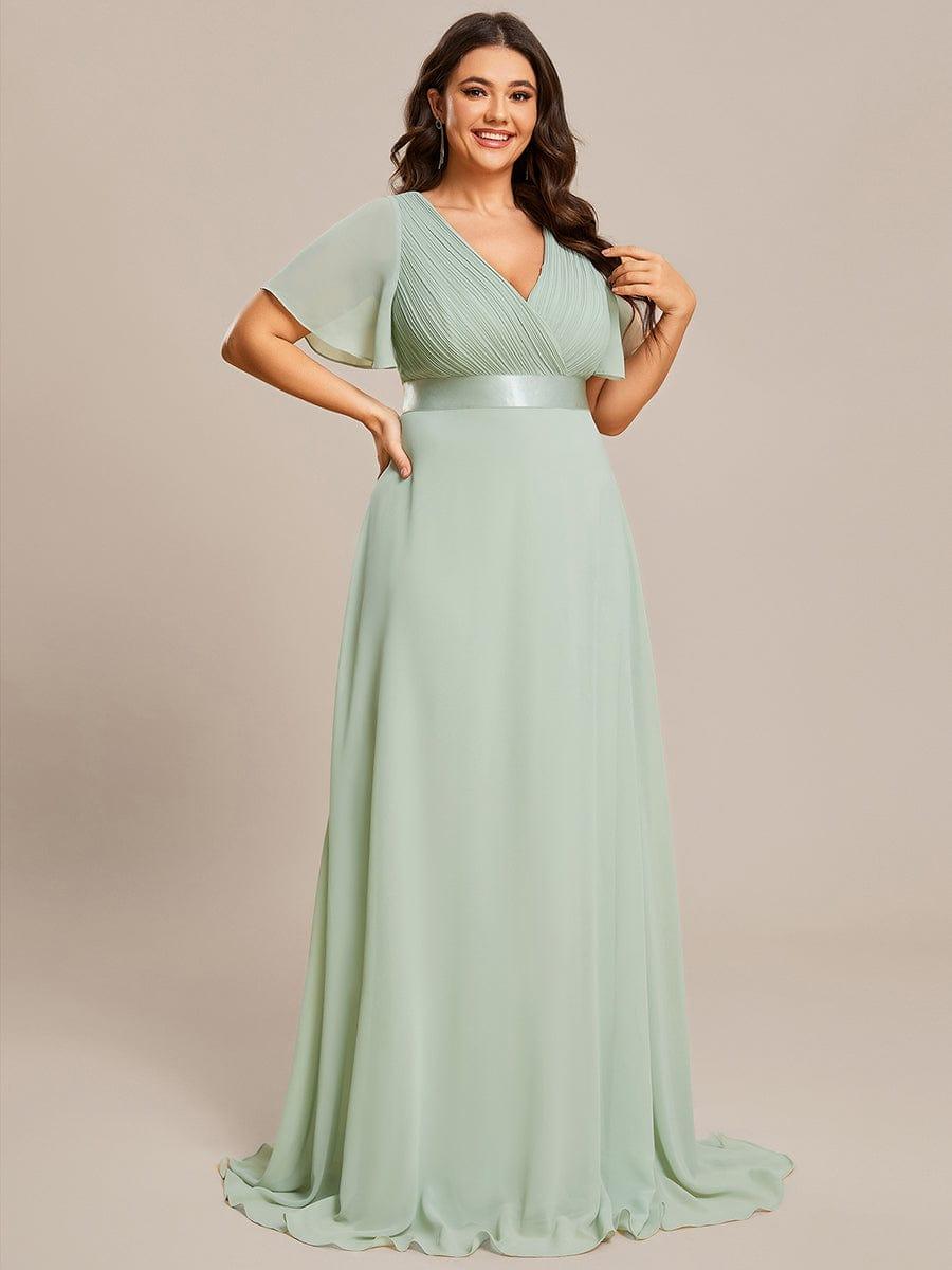 Plus Size Chiffon A-Line V-Neck Short Sleeves Long Evening Dress