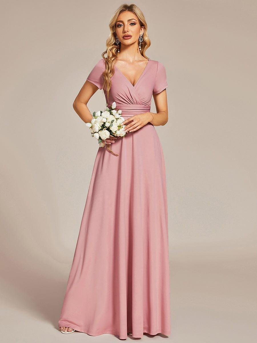 Casual A-Line V-Neck Short Sleeves Long Bridesmaid Dress