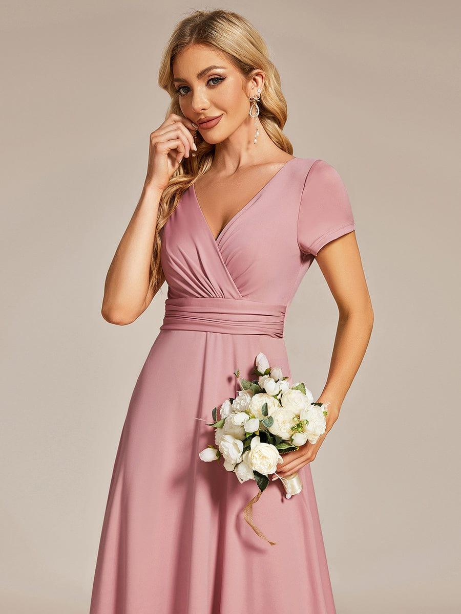 Casual A-Line V-Neck Short Sleeves Long Bridesmaid Dress