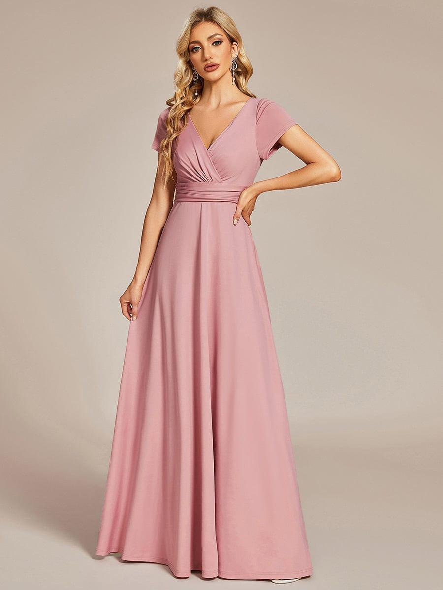 Casual A-Line V-Neck Short Sleeves Long Bridesmaid Dress