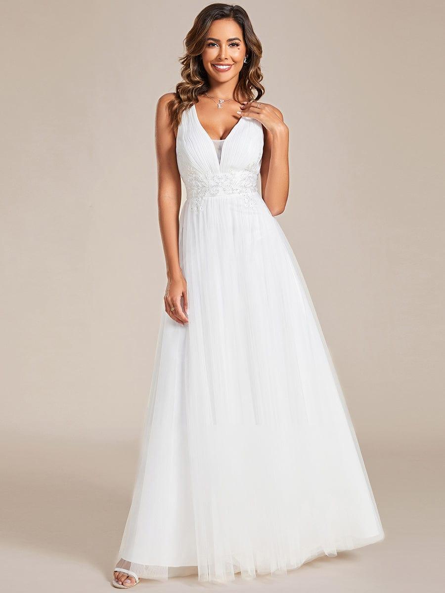V-Neck Sleeveless Open Back Tulle Appliques Bridesmaid Dress