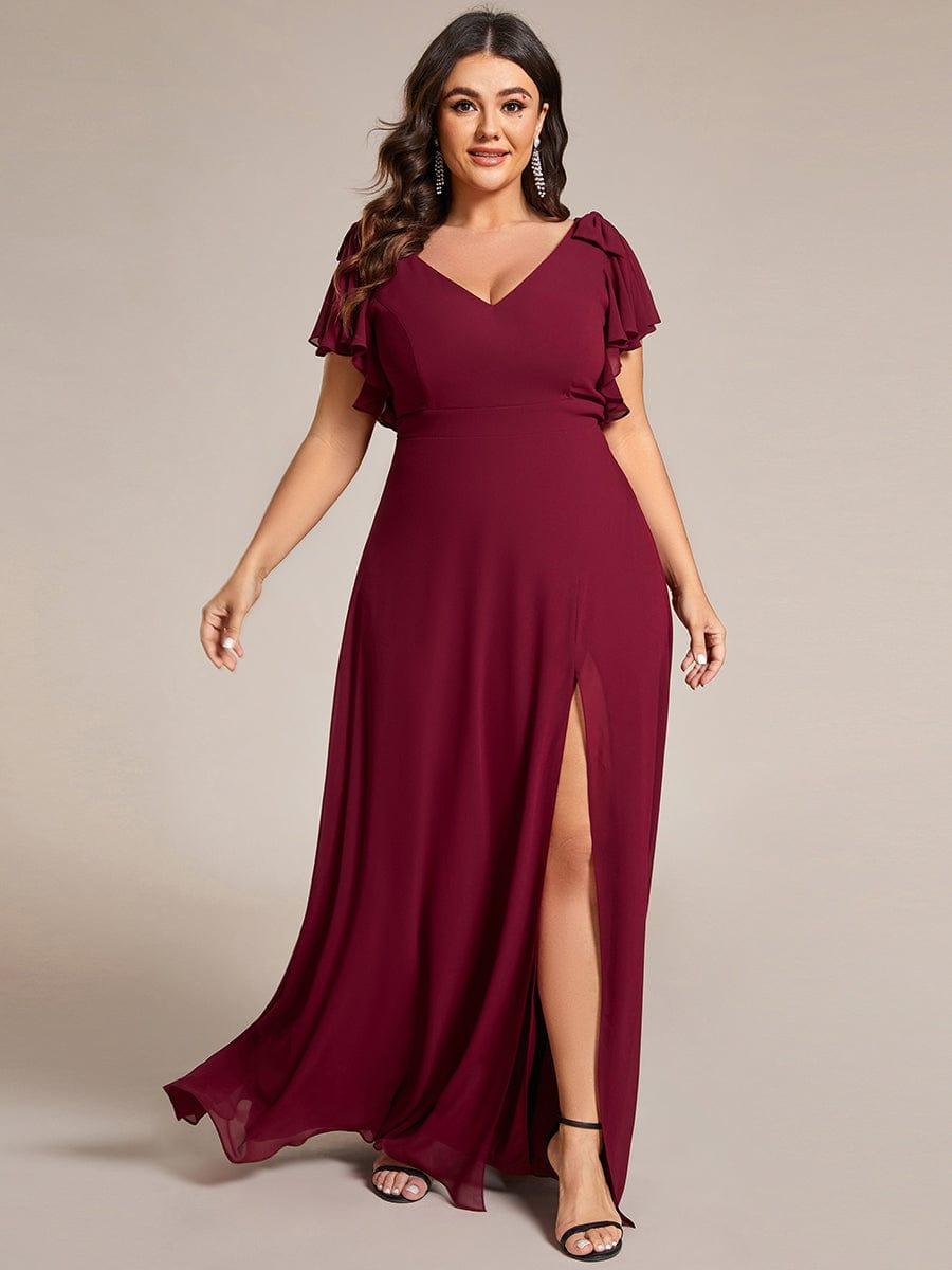 Plus Size Chiffon A-Line V-Neck Ruffle Sleeves Bridesmaid Dress