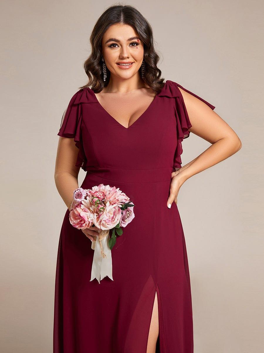 Plus Size Chiffon A-Line V-Neck Ruffle Sleeves Bridesmaid Dress