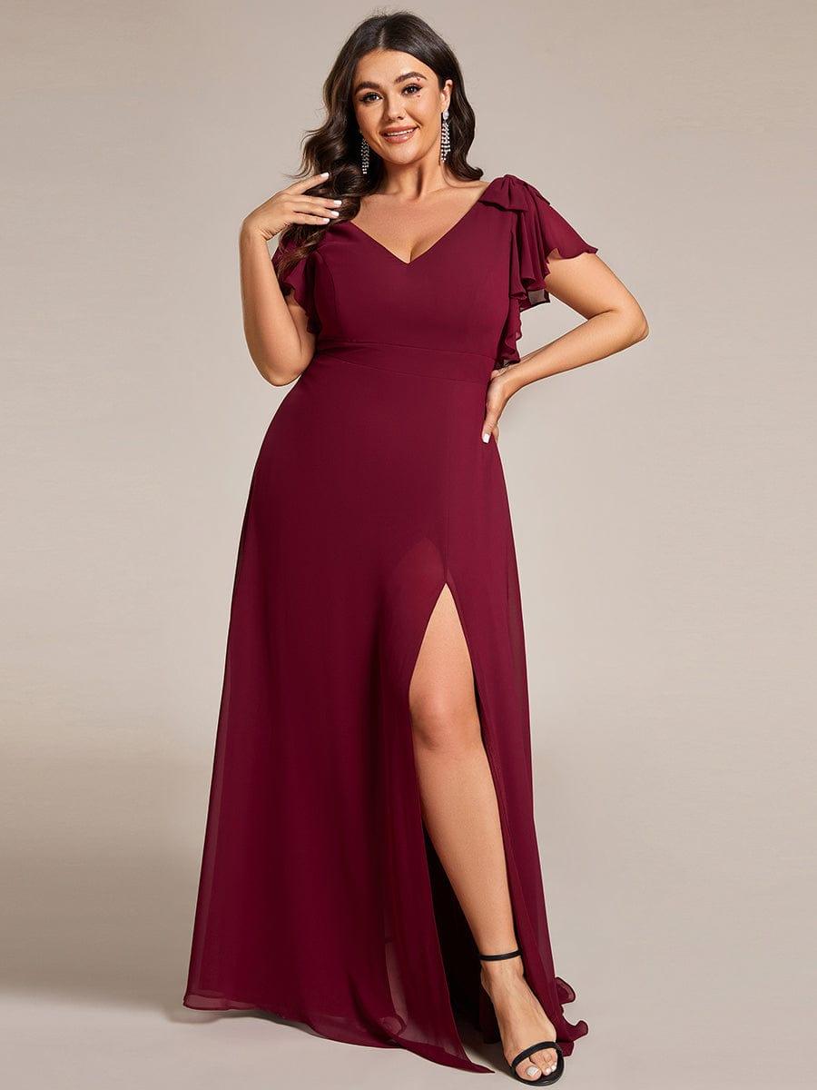 Plus Size Chiffon A-Line V-Neck Ruffle Sleeves Bridesmaid Dress