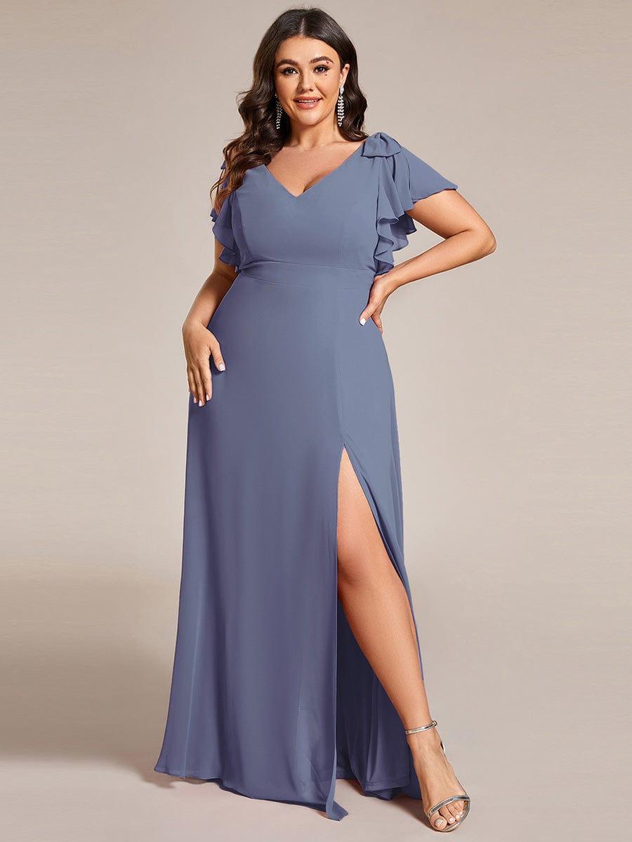 Plus Size Chiffon A-Line V-Neck Ruffle Sleeves Bridesmaid Dress