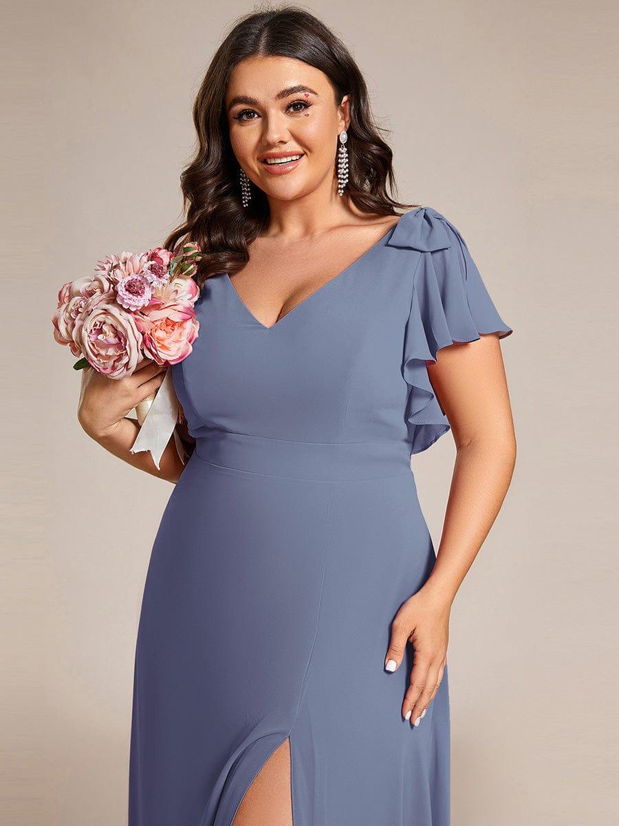 Plus Size Chiffon A-Line V-Neck Ruffle Sleeves Bridesmaid Dress
