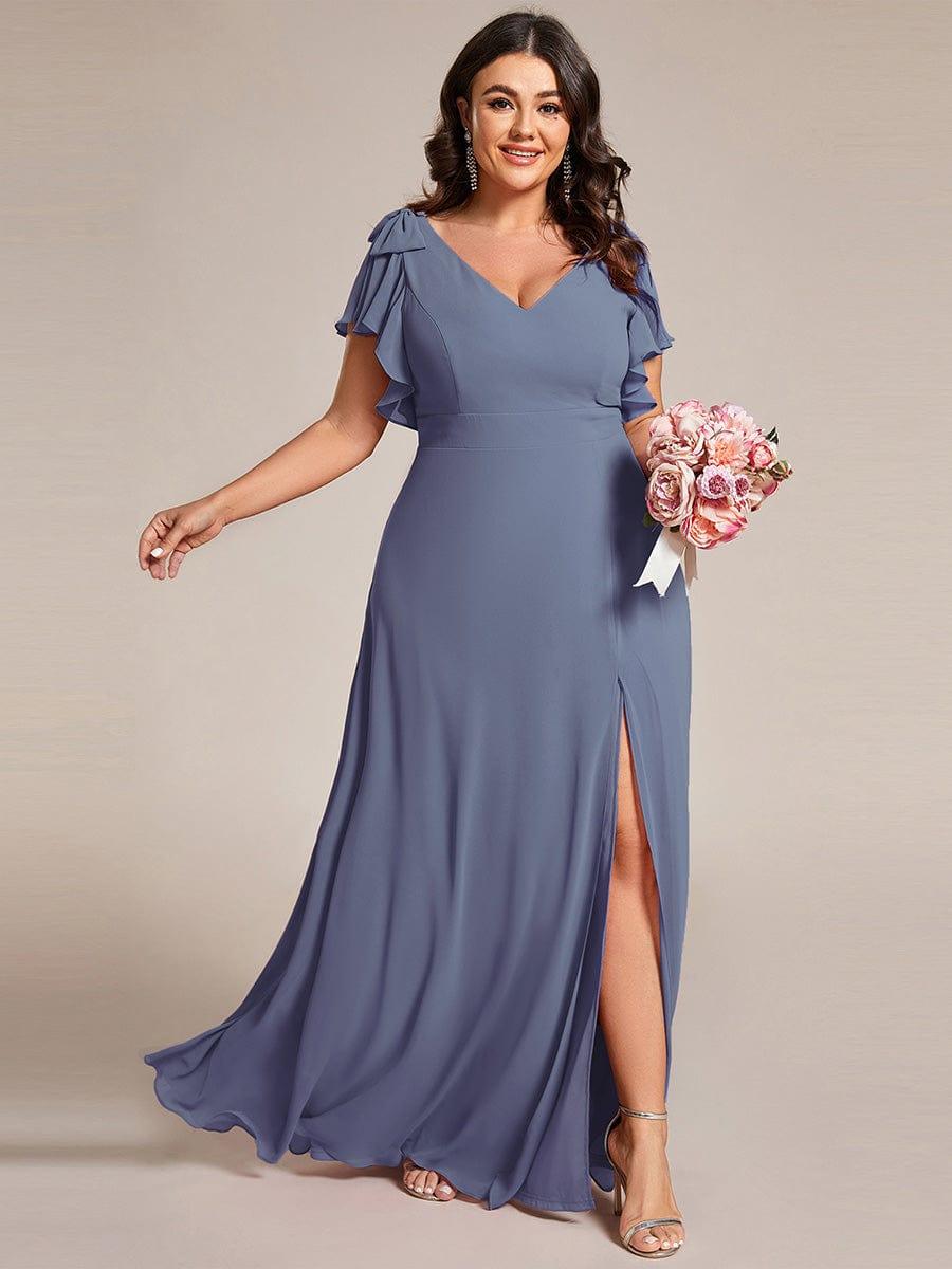 Plus Size Chiffon A-Line V-Neck Ruffle Sleeves Bridesmaid Dress