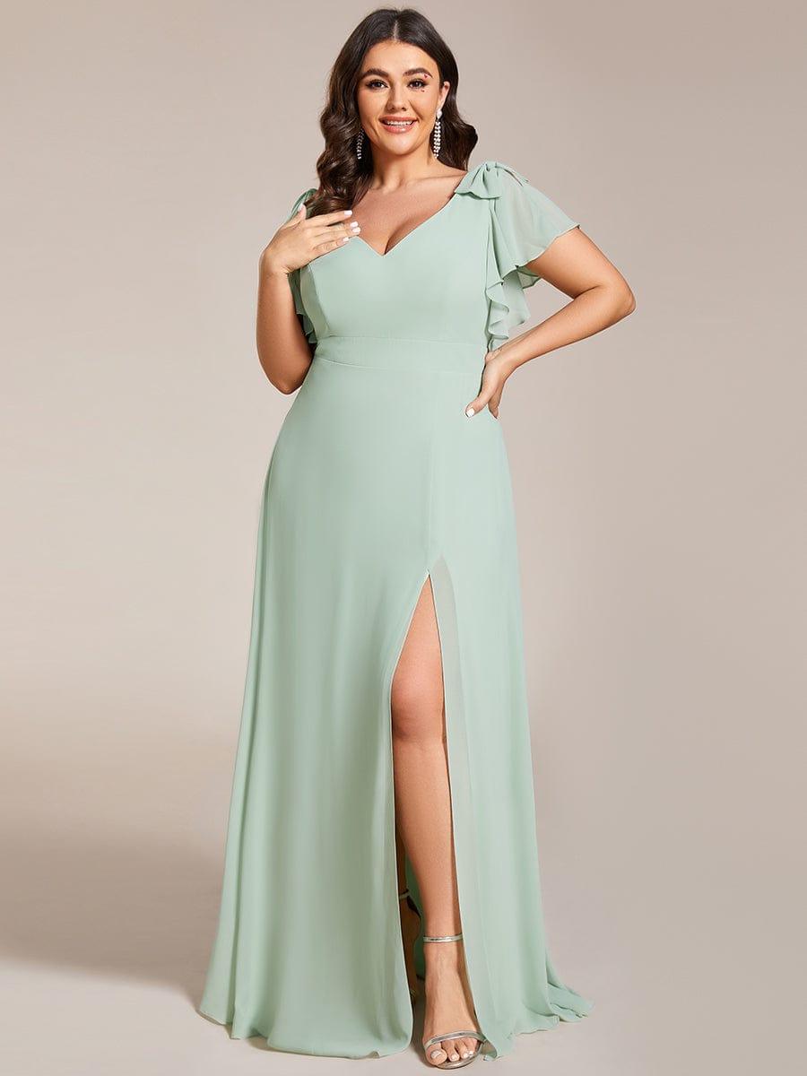 Plus Size Chiffon A-Line V-Neck Ruffle Sleeves Bridesmaid Dress