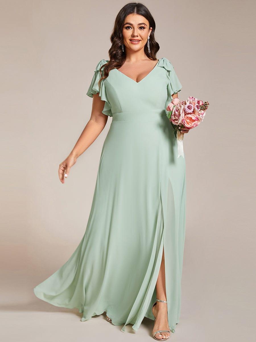 Plus Size Chiffon A-Line V-Neck Ruffle Sleeves Bridesmaid Dress