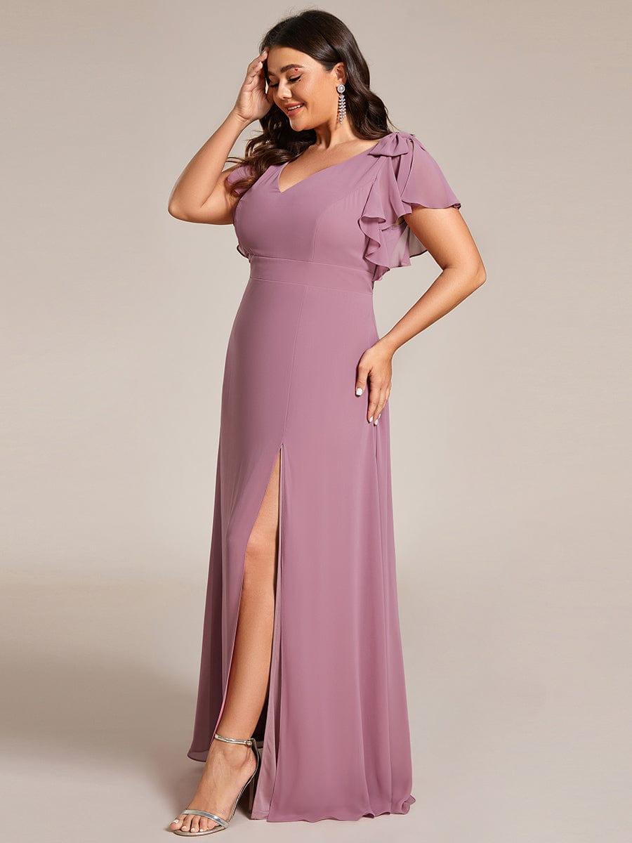 Plus Size Chiffon A-Line V-Neck Ruffle Sleeves Bridesmaid Dress