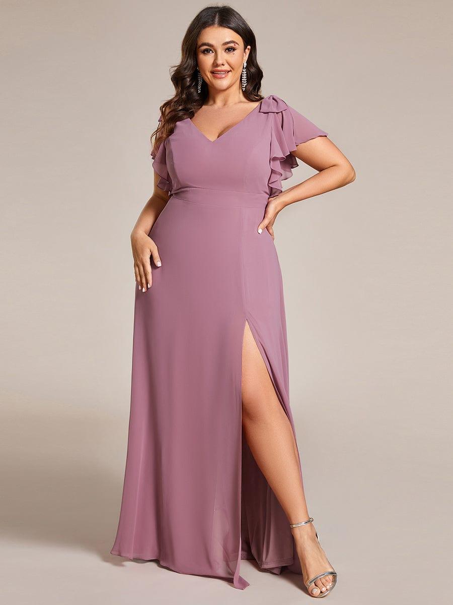 Plus Size Chiffon A-Line V-Neck Ruffle Sleeves Bridesmaid Dress