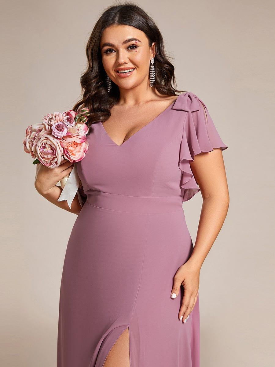 Plus Size Chiffon A-Line V-Neck Ruffle Sleeves Bridesmaid Dress