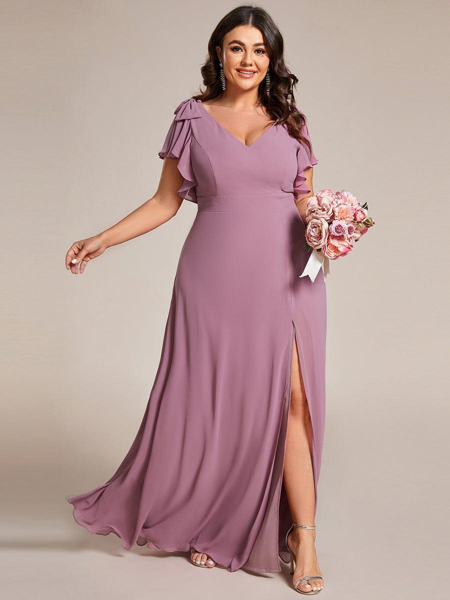 Plus Size Chiffon A-Line V-Neck Ruffle Sleeves Bridesmaid Dress
