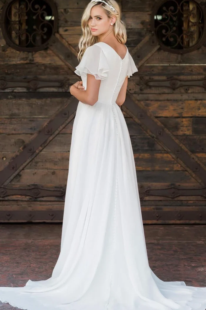 Elegant Chiffon A-Line V-Neck Short Sleeves With Train Wedding Dress