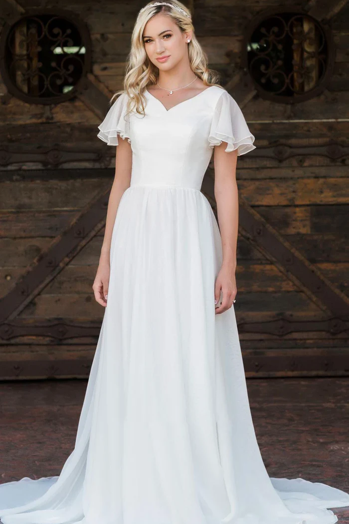 Elegant Chiffon A-Line V-Neck Short Sleeves With Train Wedding Dress Movousdress Elegant Chiffon A-Line V-Neck Short Sleeves With Train Wedding Dress Movousdress