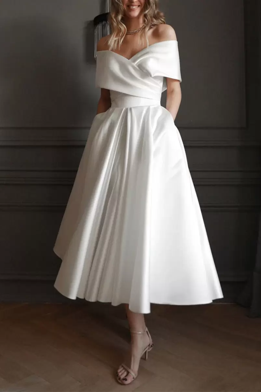 Elegant Satin A-Line Off-Shoulder With Pockets Wedding Dress Movousdress Elegant Satin A-Line Off-Shoulder With Pockets Wedding Dress Movousdress