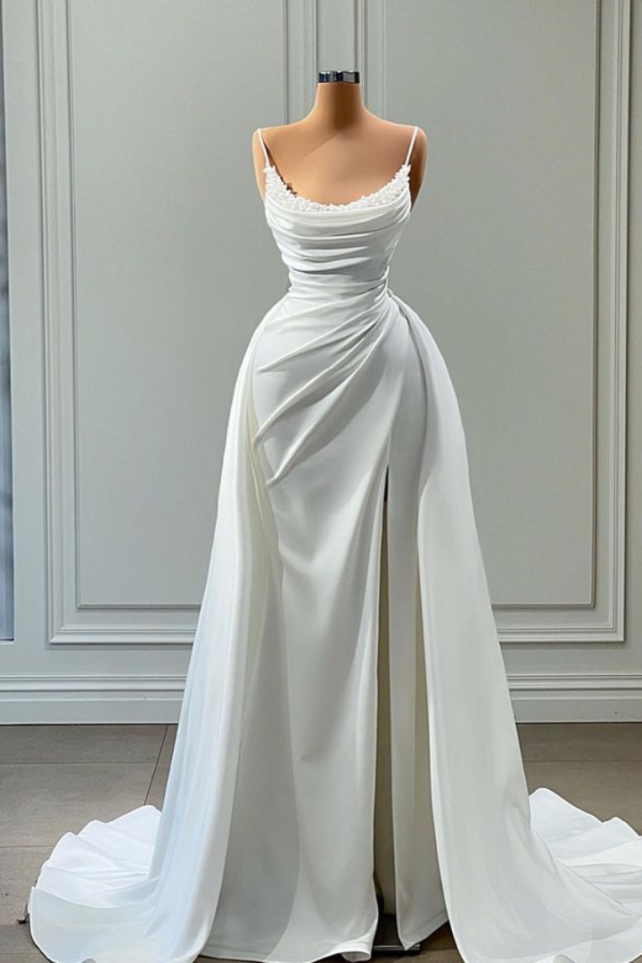Elegant Satin Fitted Bateau Spaghetti Straps Beaded Draped Long Prom D Movousdress Elegant Satin Fitted Bateau Spaghetti Straps Beaded Draped Long Prom D Movousdress