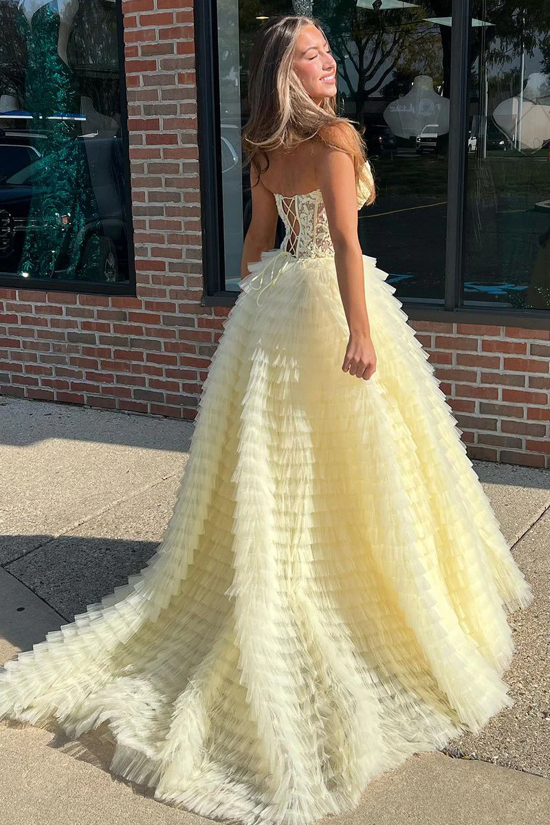 Elegant Tulle A-Line Sweetheart Appliques Tiered Long Party Prom Dress