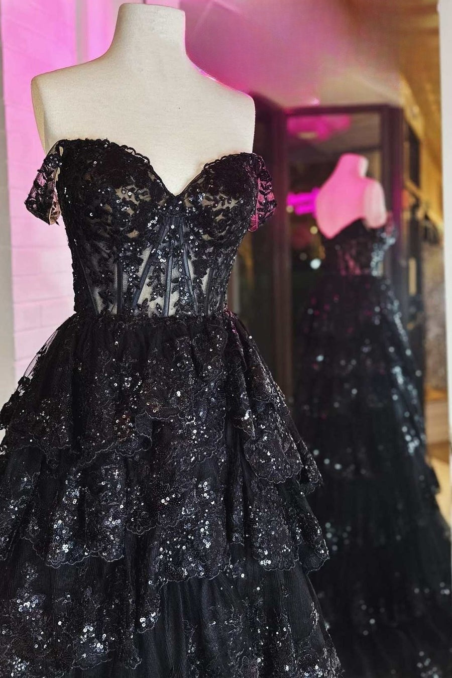 Off-Shoulder Black Lace Applique Ruffle A-line Slit Long Prom Dress