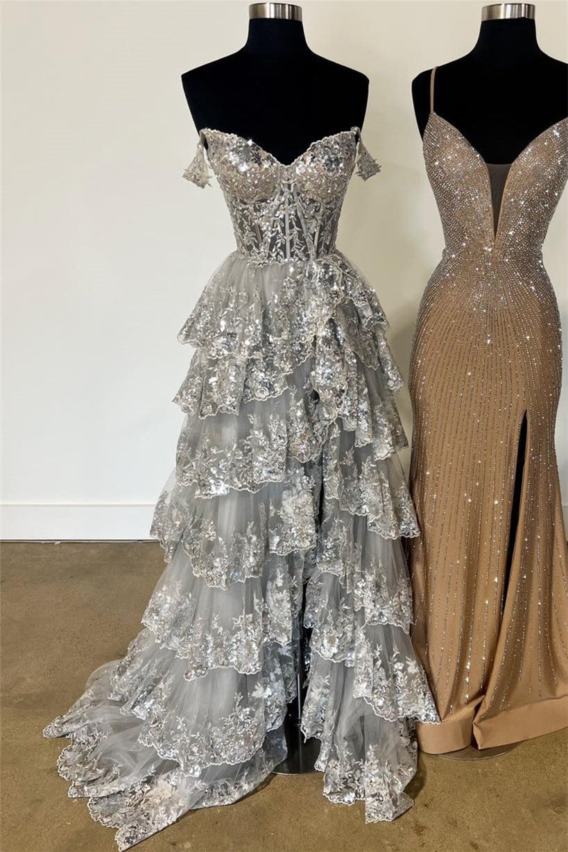 Silver Off-Shoulder Lace Applique Ruffle A-line Slit Long Prom Dress