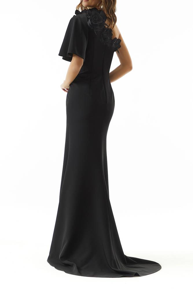 Fitted One Shoulder Floral Appliques With Train Mother Of Brides Dress