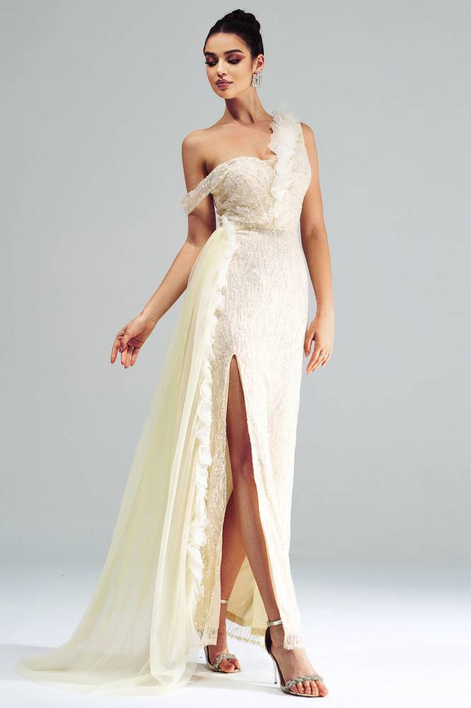 Floral One Shoulder Emoire Party Evening Dress With Slit