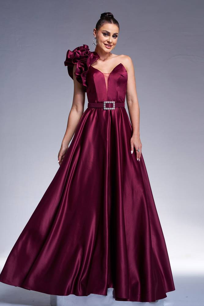 burgundy satin one shoulder dress Satin Burgundy One Shoulder Evening Dress