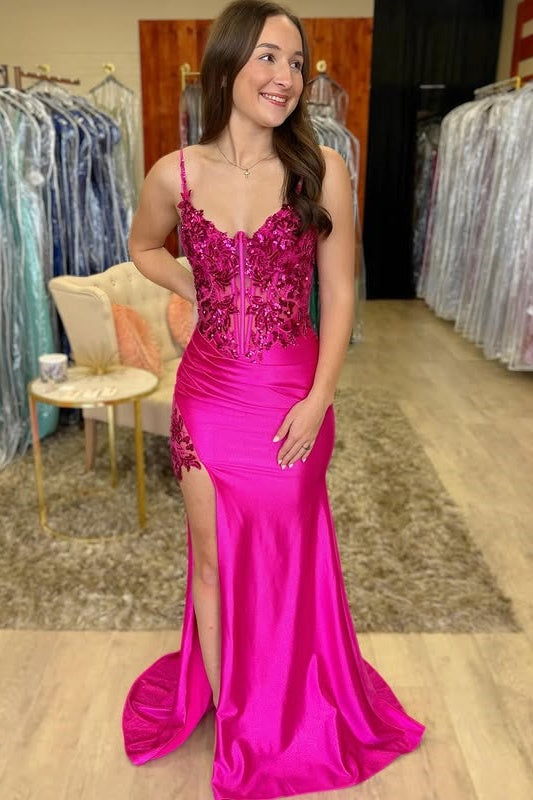 Fuchsia V-Neck Spaghetti Straps Appliques Mermaid Party Prom Dress