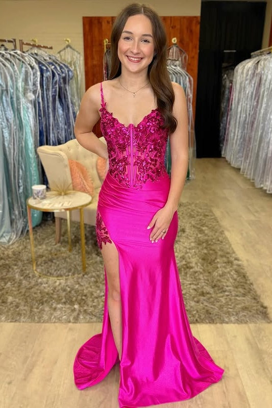 Fuchsia V-Neck Spaghetti Straps Appliques Mermaid Party Prom Dress