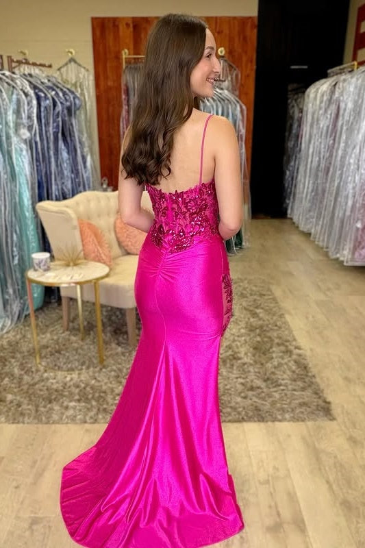 Fuchsia V-Neck Spaghetti Straps Appliques Mermaid Party Prom Dress
