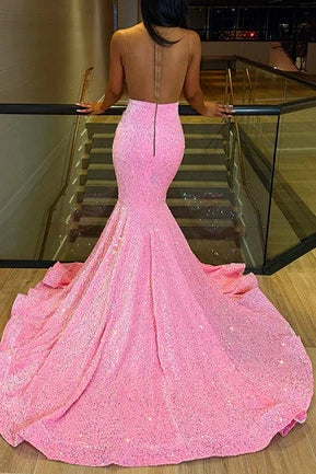 Glitter Mermaid V-Neck Sleeveless Beaded Formal Party Dress