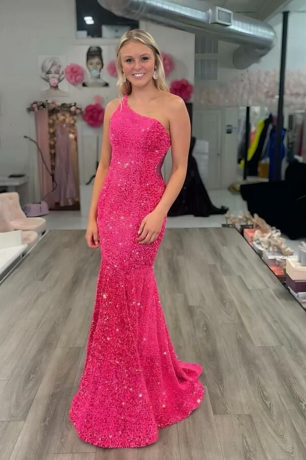 Glitter One Shoulder Sleeveless Sequins Trumpet Prom Dress