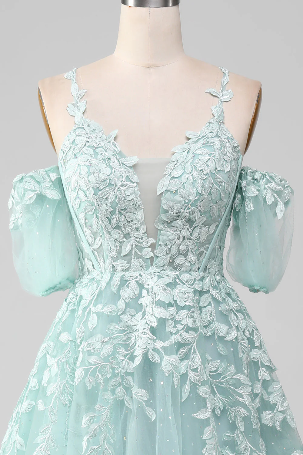 Glitter Tulle A-Line Off-Shoulder Empire Applique Long Prom Dress