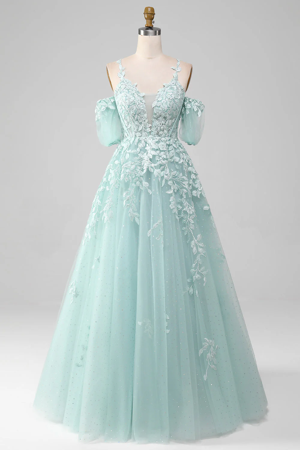 Glitter Tulle A-Line Off-Shoulder Empire Applique Long Prom Dress