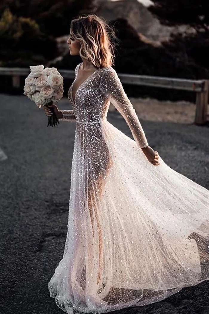 Sparkly Sequin Mother Of The Bride Dress - Long Formal Gown With Slit & Short Sleeves