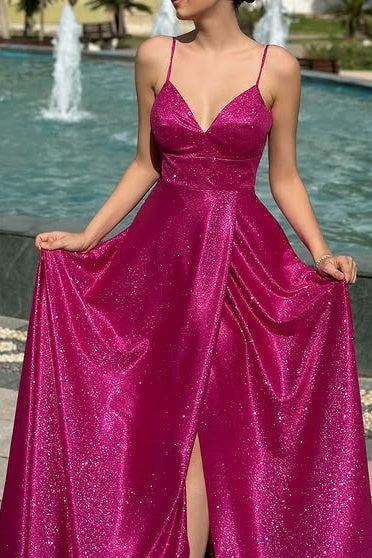 Glitter V-Neck Sleeveless Satin A-Line Prom Dress